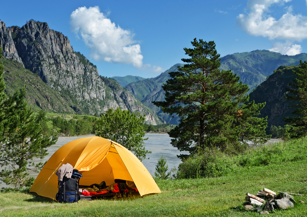 The,Camping,Tent,Near,Mountain,River,In,The,Summer